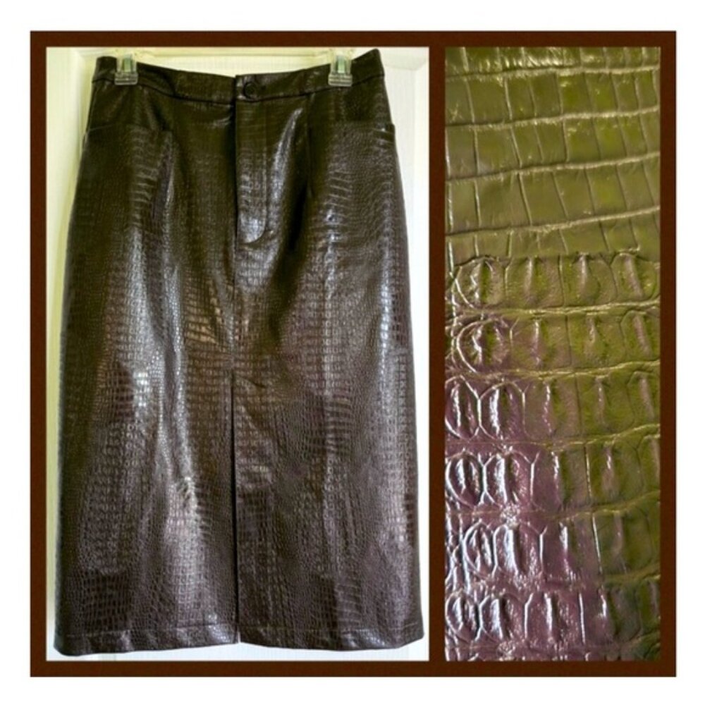 INC International Concepts Shiny Brown Croc-Embossed Midi Skirt